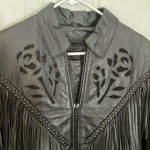 Unik zip front motorcycle jacket with fringe & cut out rose design size Small